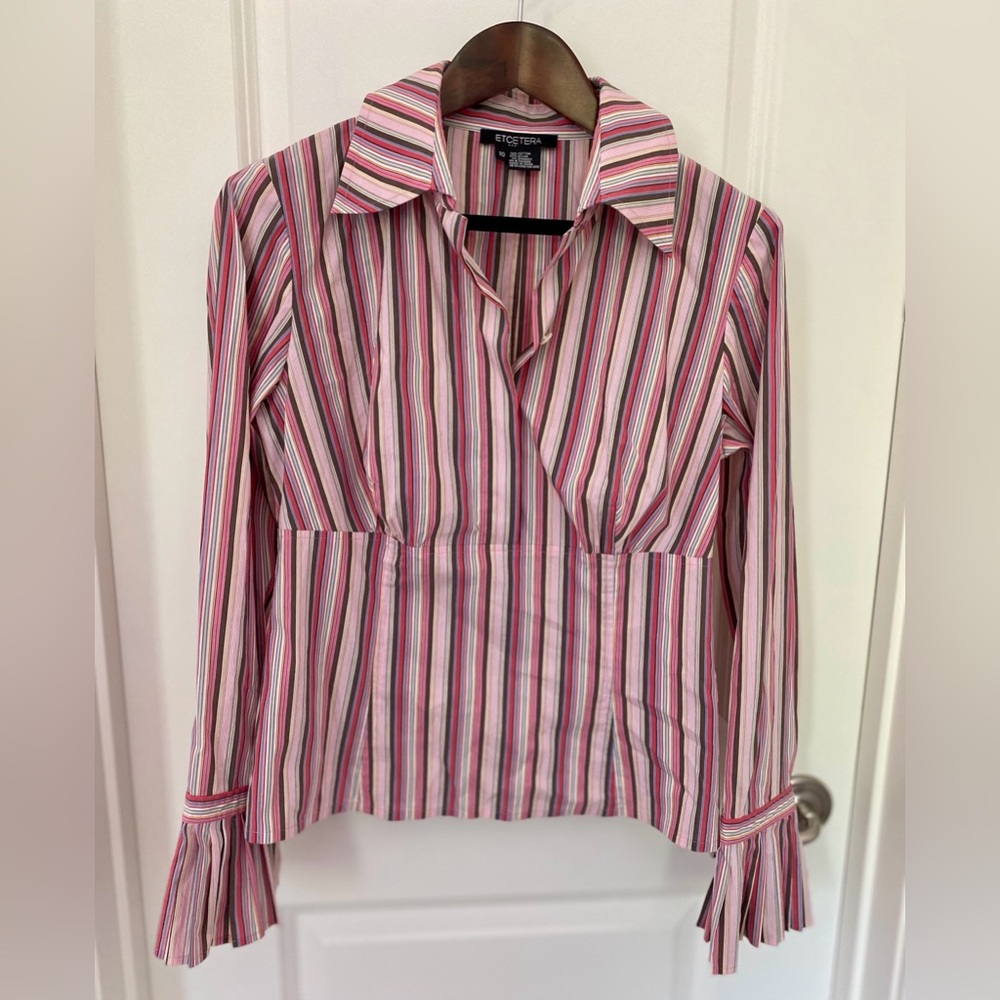 Etcetera Striped Blouse with Side Zip and Ruffle Cuffs Size 10 Sophisticated!